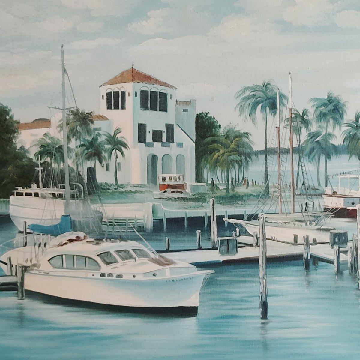 Fran Hyland Vintage Original Oil Painting Bradenton FL Marina Harbor Framed