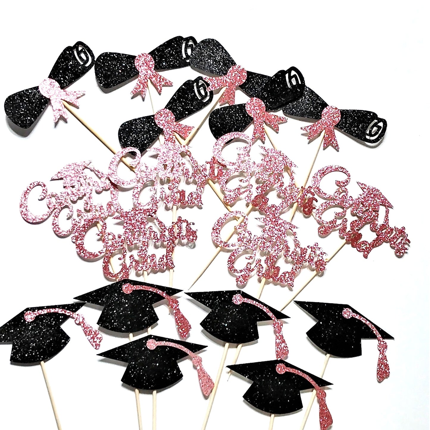Graduation Cupcake Toppers Set of 36 Congrats Grad Glitter Black & Pink Party