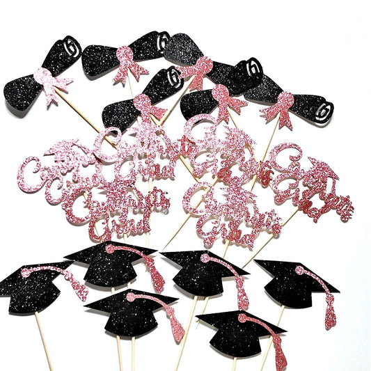 Graduation Cupcake Toppers Set of 36 Congrats Grad Glitter Black & Pink Party