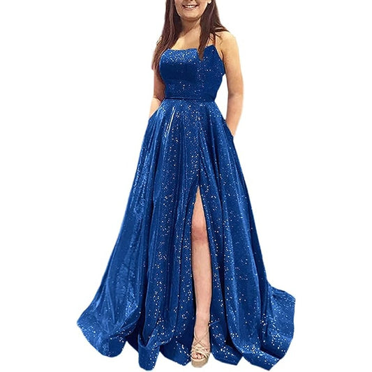 Maxi A-Line w/ Pockets Formal Evening Ball Gown Side Slit Glitter Party Dress, 4
