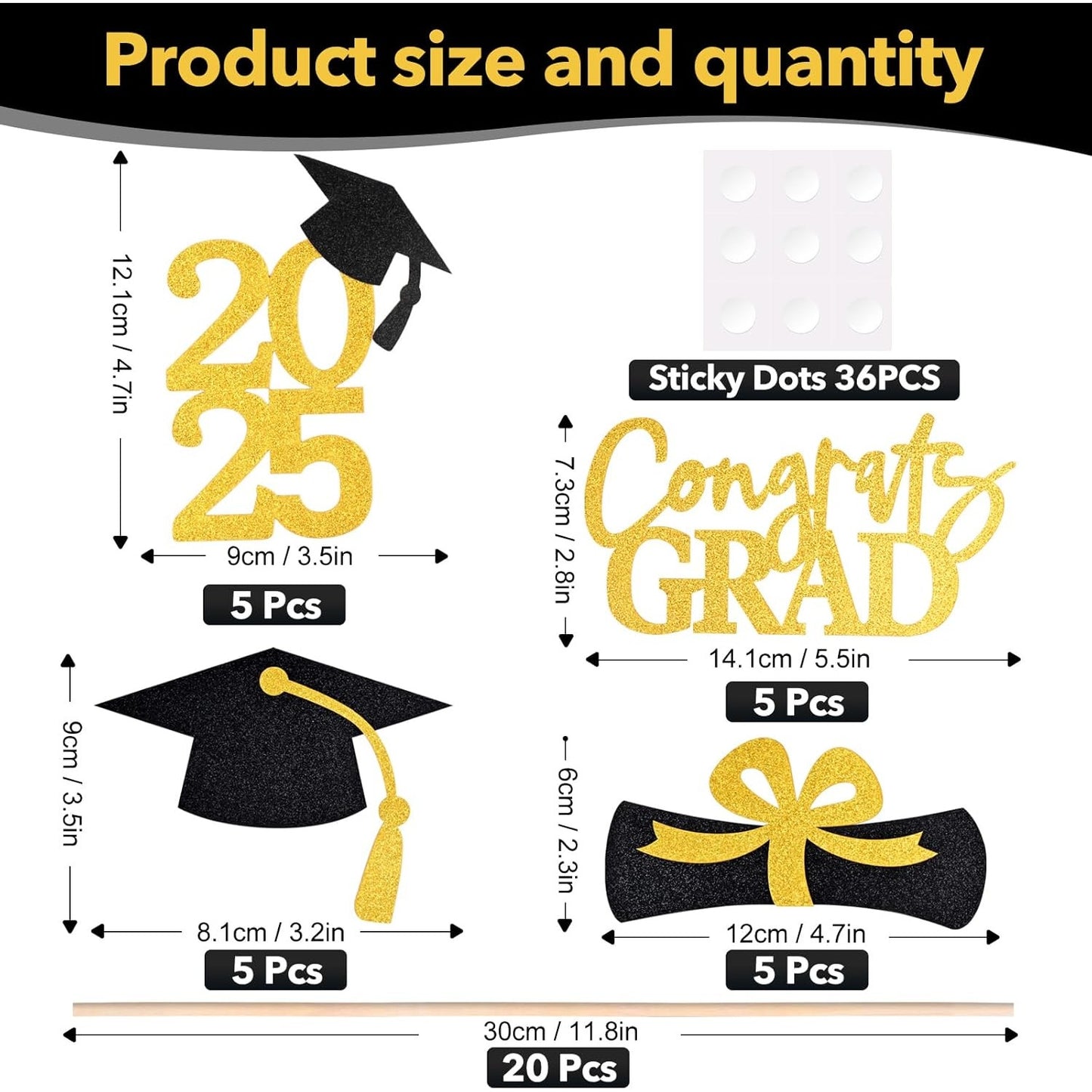 2025 Graduation Centerpiece Set – 20Pcs Black/Gold Glitter Table Toppers
