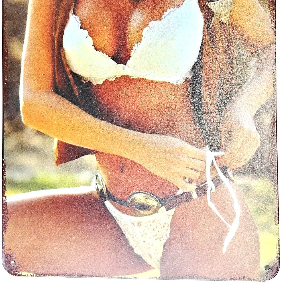 Cowgirl Pin Up Tin Sign 12×8 Western Bikini Sheriff Retro Metal Wall Art Decor