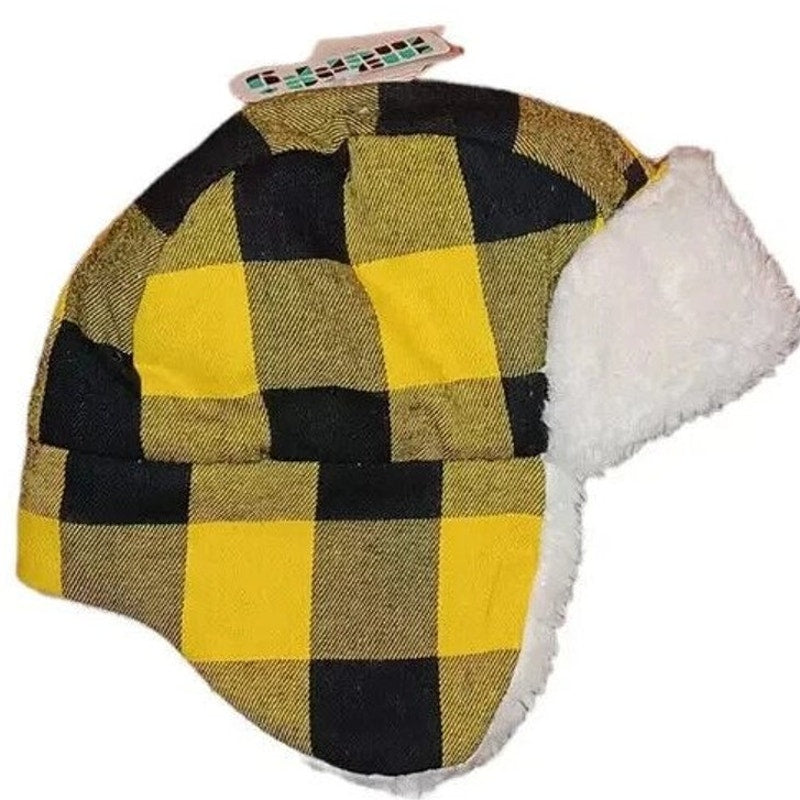 Tucker + Tate Faux Fur Flight Hat – Yellow Freesia Buffalo Plaid – Size 0–12M