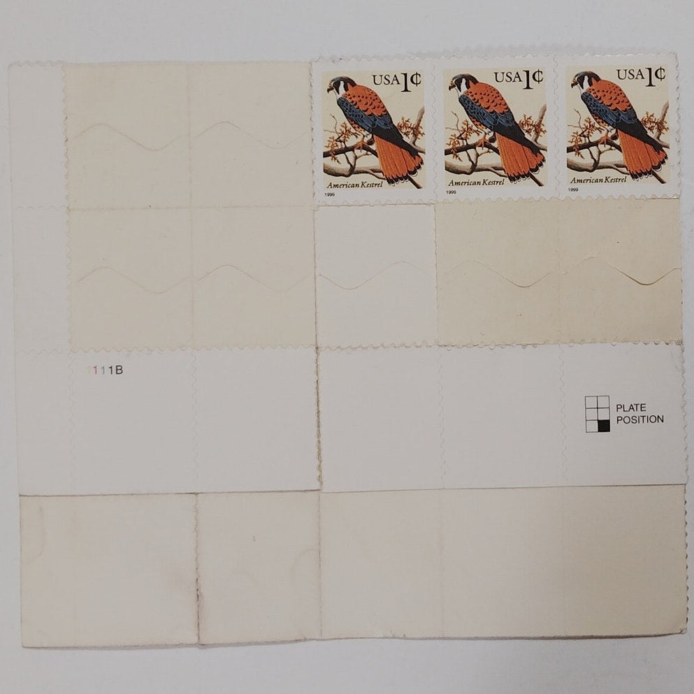1999 American Kestrel Stamps – Lot of 3 – 1¢ Flora & Fauna – Self‑Adhesive Sheet