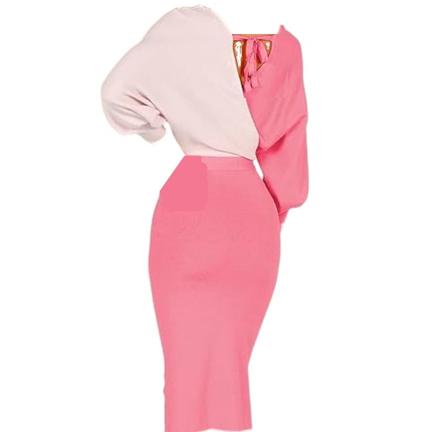 Heenkoln Wrap, Contrast Color Long Batwing Sleeve Midi Dress w/ Belt, L (12-14)