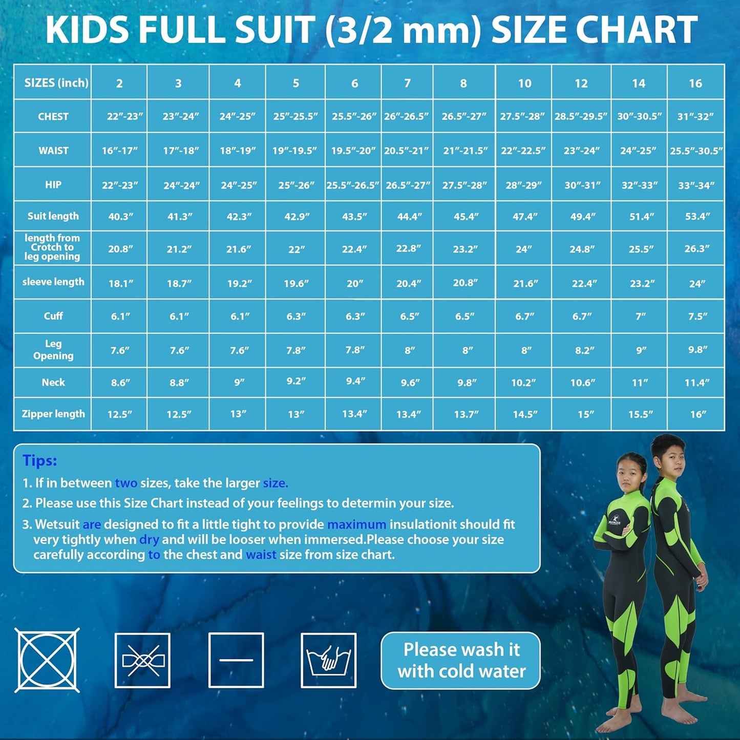 Unisex Kids Full Wetsuit, 16, 3/2mm Neoprene Wet Suit for Diving Surfing Scuba