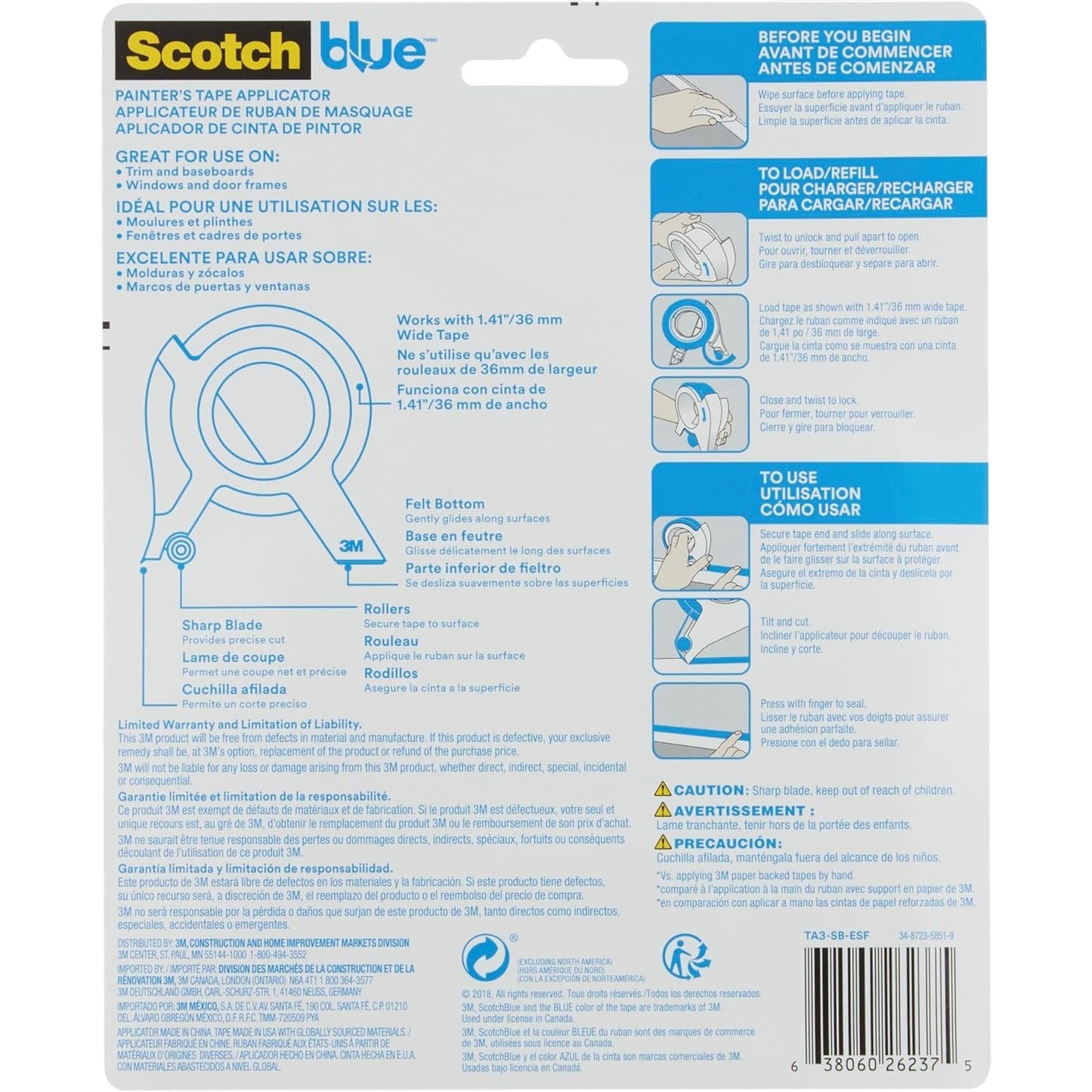 ScotchBlue Painter’s Tape Applicator – TA3-SB-ESF – Includes 1.41" x 20 yd Roll – PEFC Certified