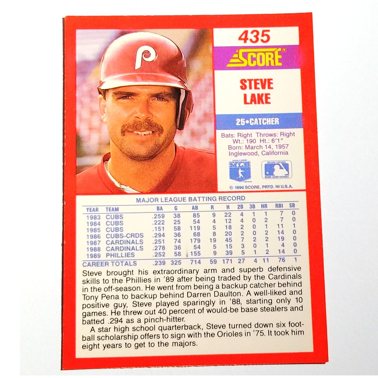 1990 Score Steve Lake #435 Philadelphia Phillies Catcher MLB Baseball EX