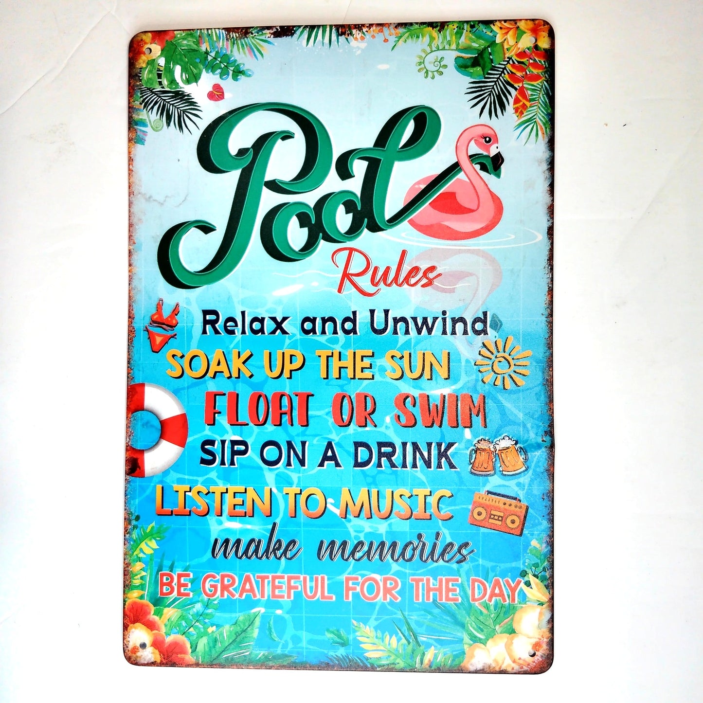 Pool Rules Tin Sign 12×8 Tropical Flamingo Summer Metal Wall Art Decor