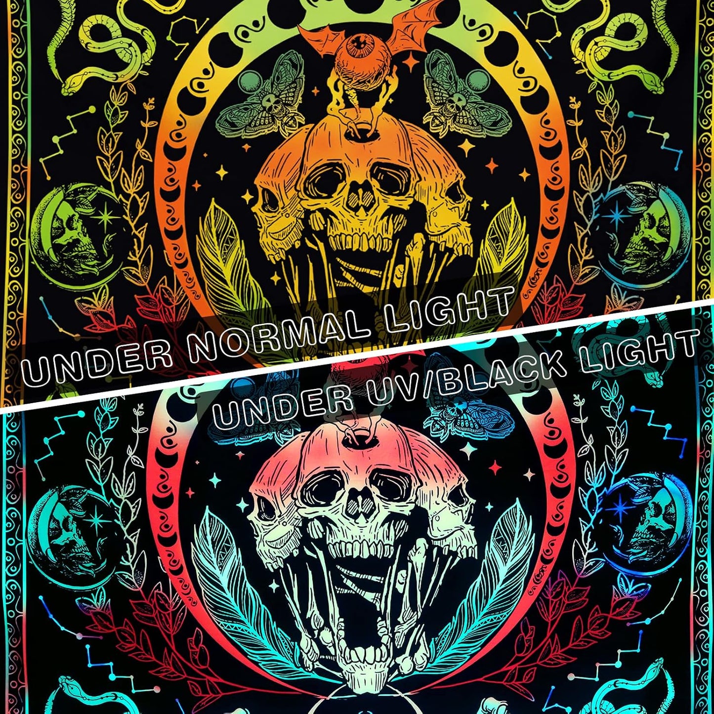 Krelymics Black Light Skull Snake Tapestry UV Reactive Glow Wall Hanging 51"x59"
