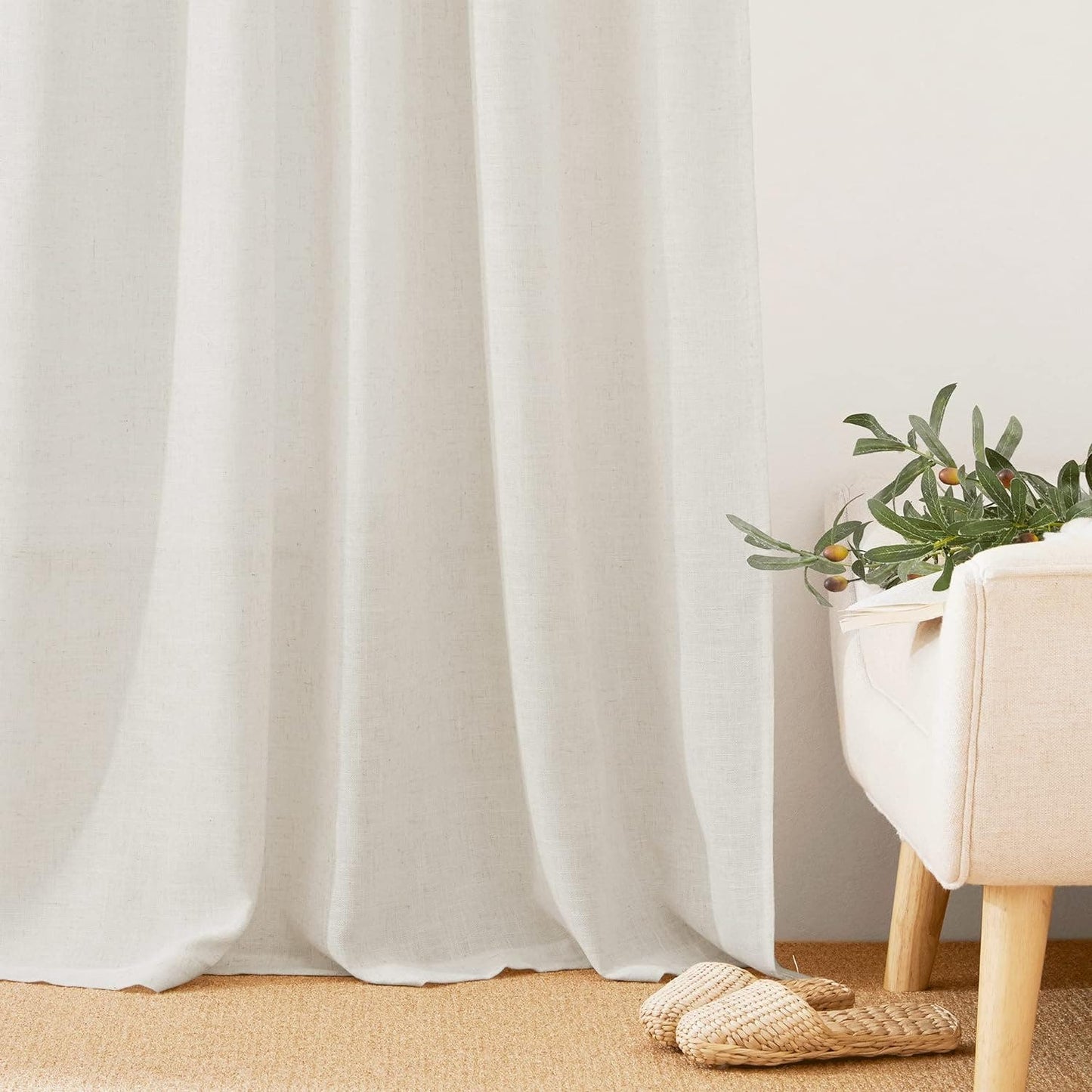 2 Flax Linen Blend Curtain Panels, Each 52"W x 90"L, Semi-Sheer, Light Filtering