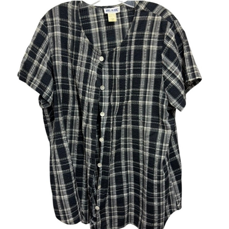 Blair Women's L Black & White Plaid Button-Up Top - Cotton Seersucker