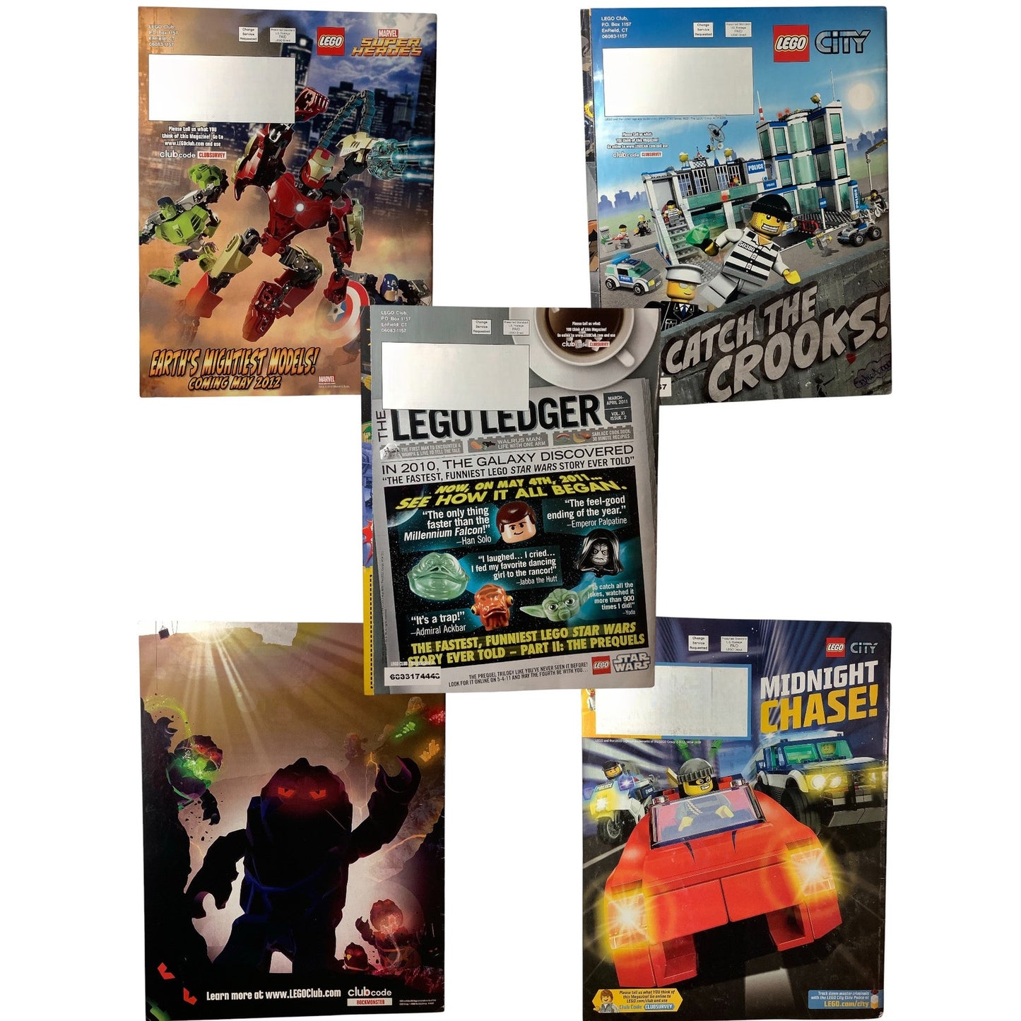 5 x Back Issues Lego Club Magazines, 5  issues from 2008-2013 Pictured
