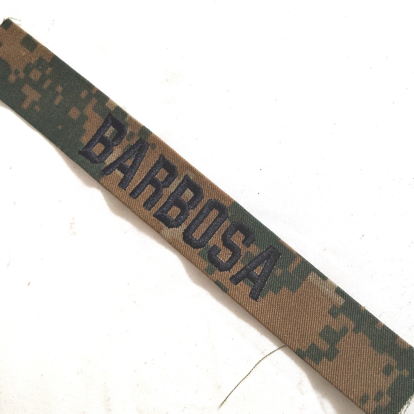 Name Tape “BARBOSA” – Woodland MARPAT – 7.75" × 1" TE Sew‑On Novelty Patch