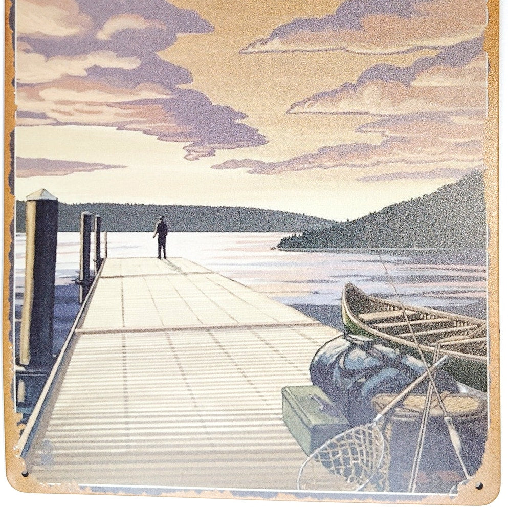 Minnesota Lake Dock Tin Sign 12×8 Canoe Fishing Retro Nature Metal Wall Decor