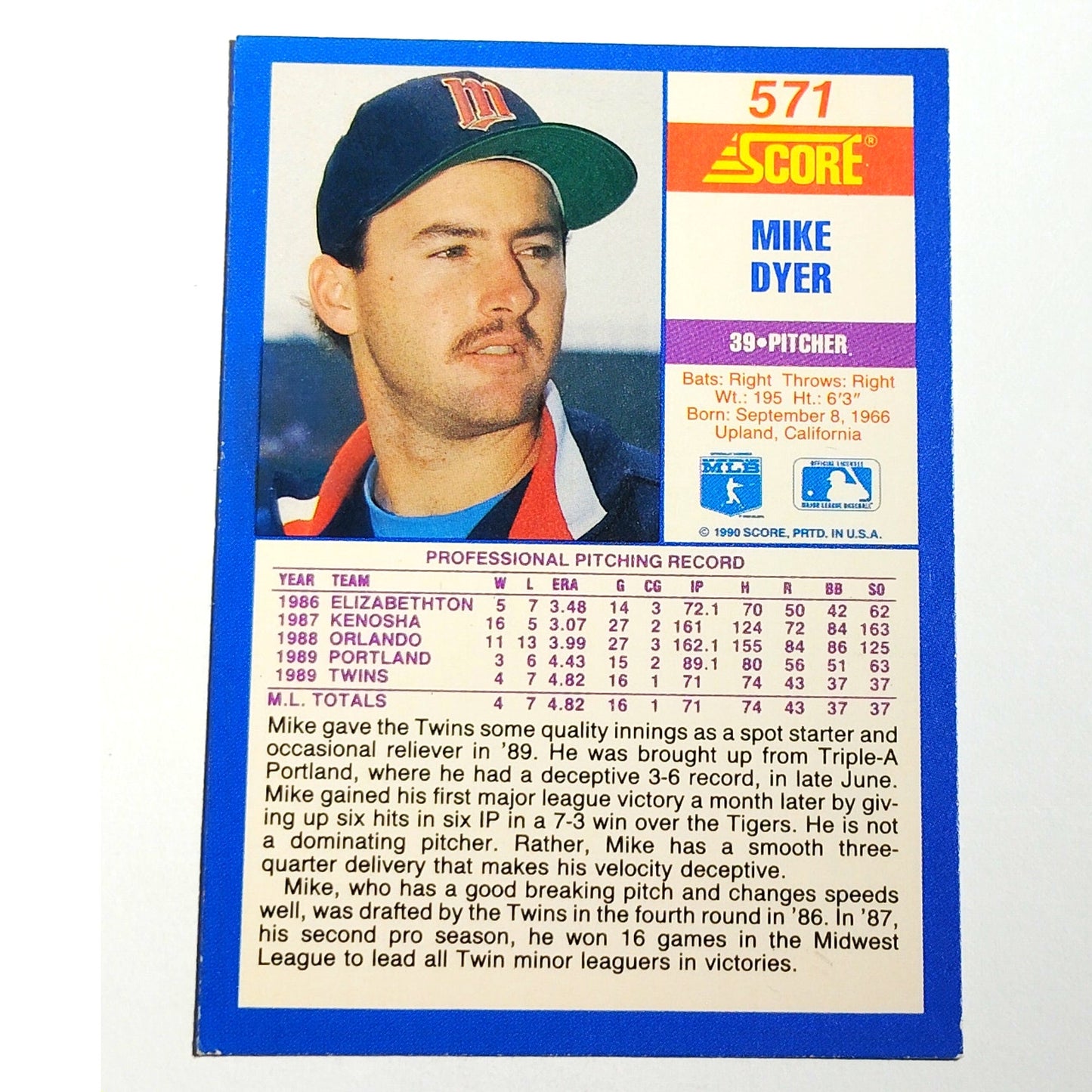 1990 Score Mike Dyer RC #571 Minnesota Twins Pitcher Rookie MLB Baseball EX