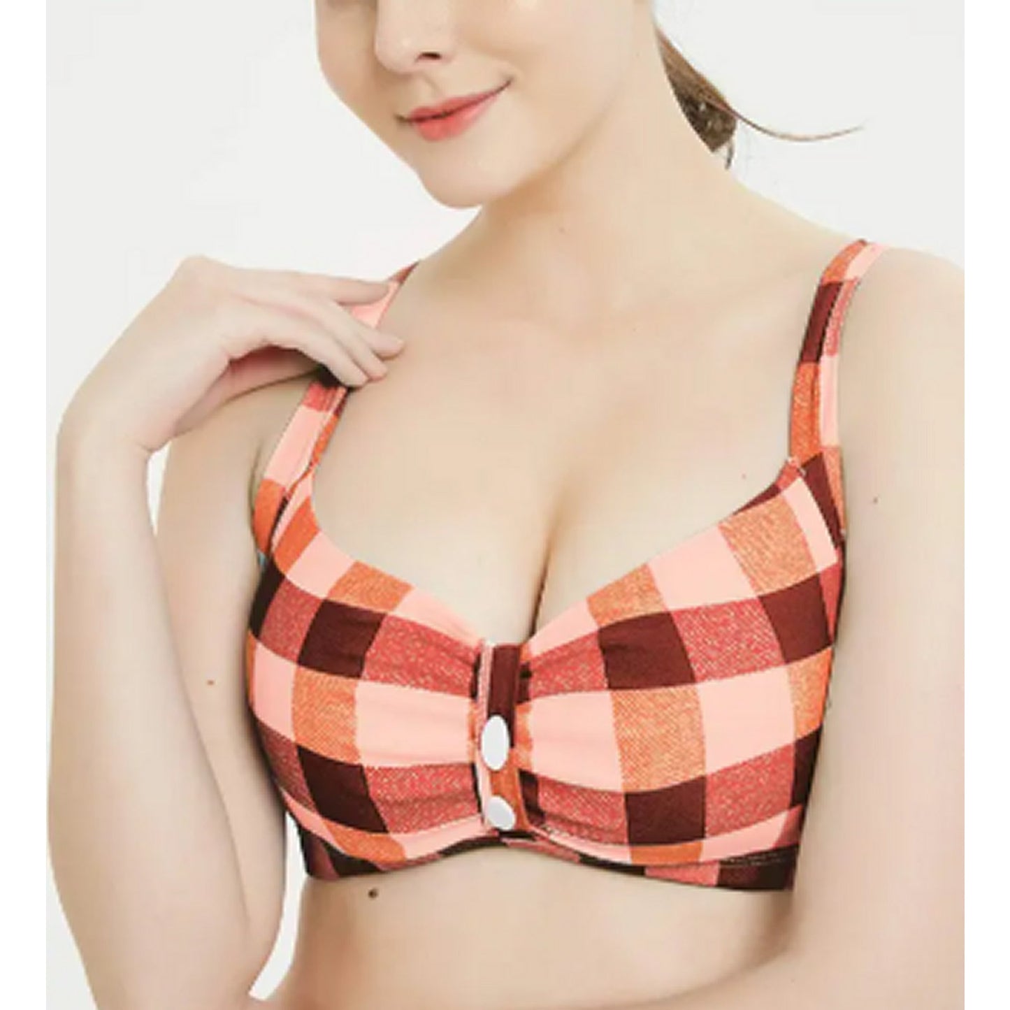 Futurino Vintage 50s Plaid Halter Bikini Top Retro Swim Ruffle Buttons Small