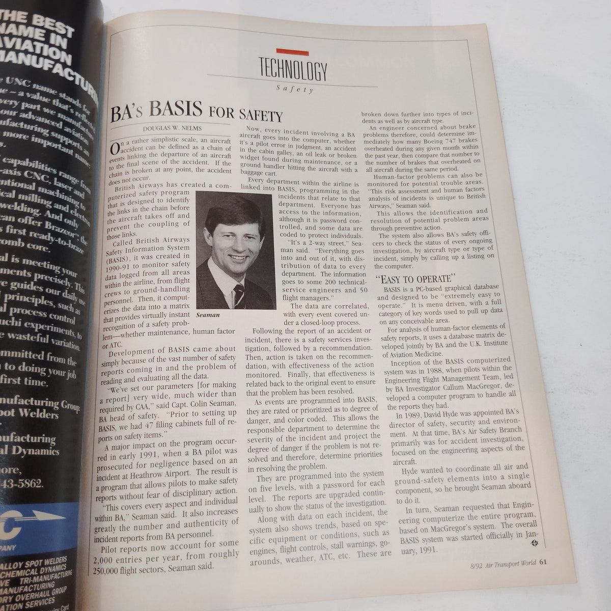Air Transport World Magazine - August 1992 Aviation Industry Publication