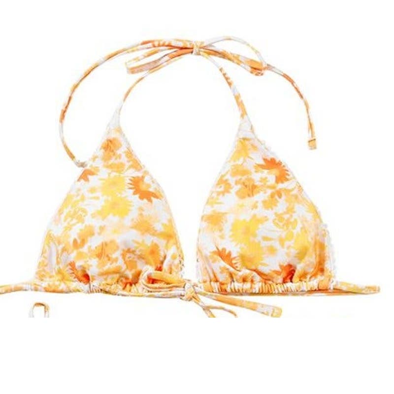 Jsezml Brazilian Bikini Top, Yellow Floral Print, Med (6) Bust 33.86 - 35.83 in.