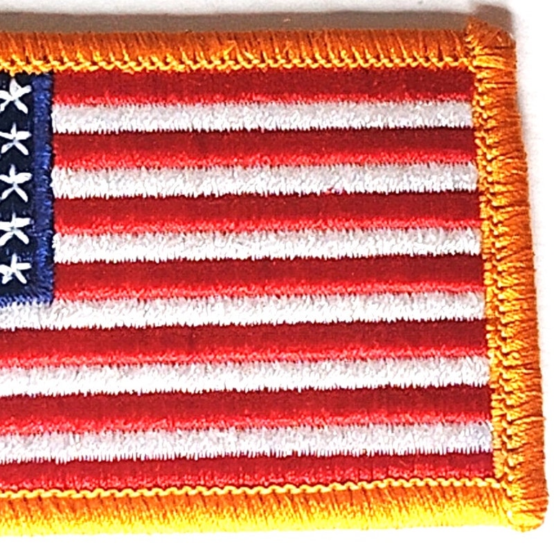 US Flag Patch Standard Orientation Full Color Gold Border Sew-On 3-1/4" x 1-7/8"
