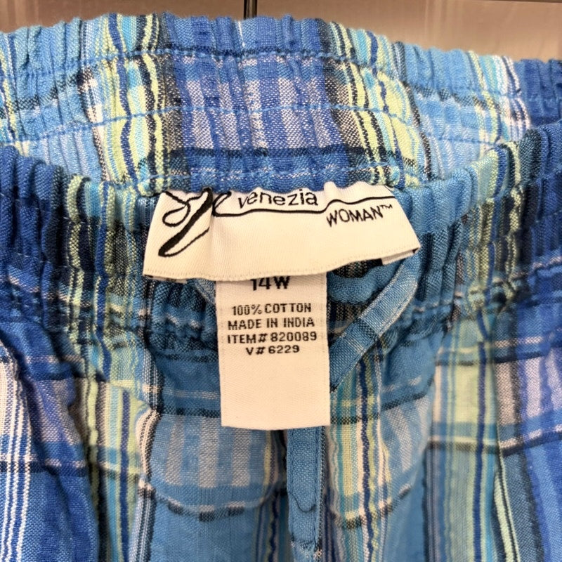 Venezia Woman Blue Plaid Cotton Elastic Waist Pants - Size 14W