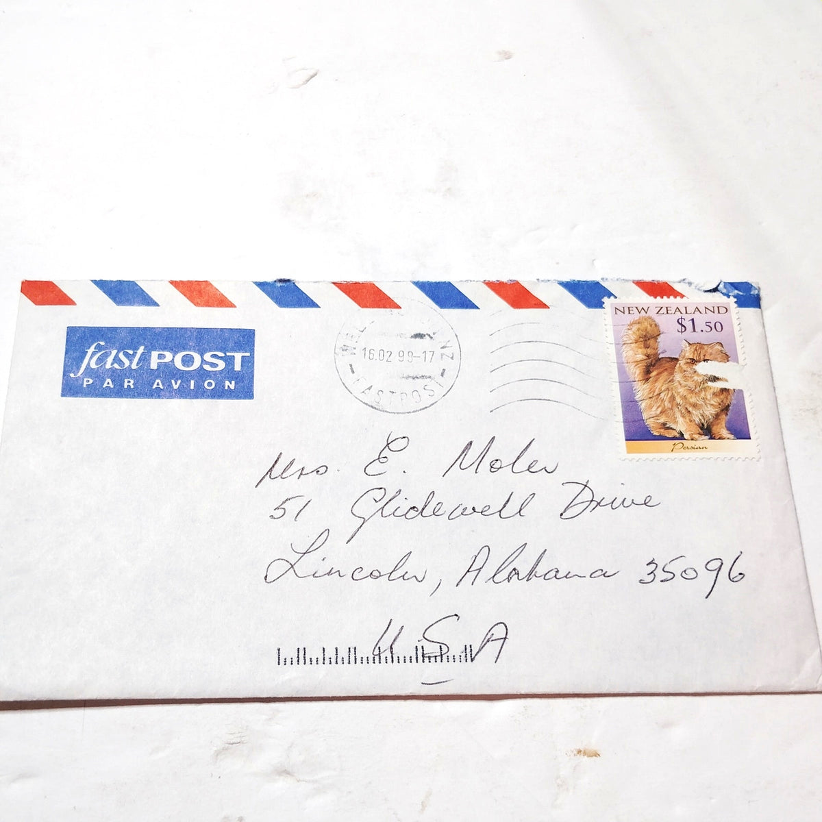 New Zealand 1999 Cats $1.50 Persian Stamp Airmail Cover to USA FastPOST