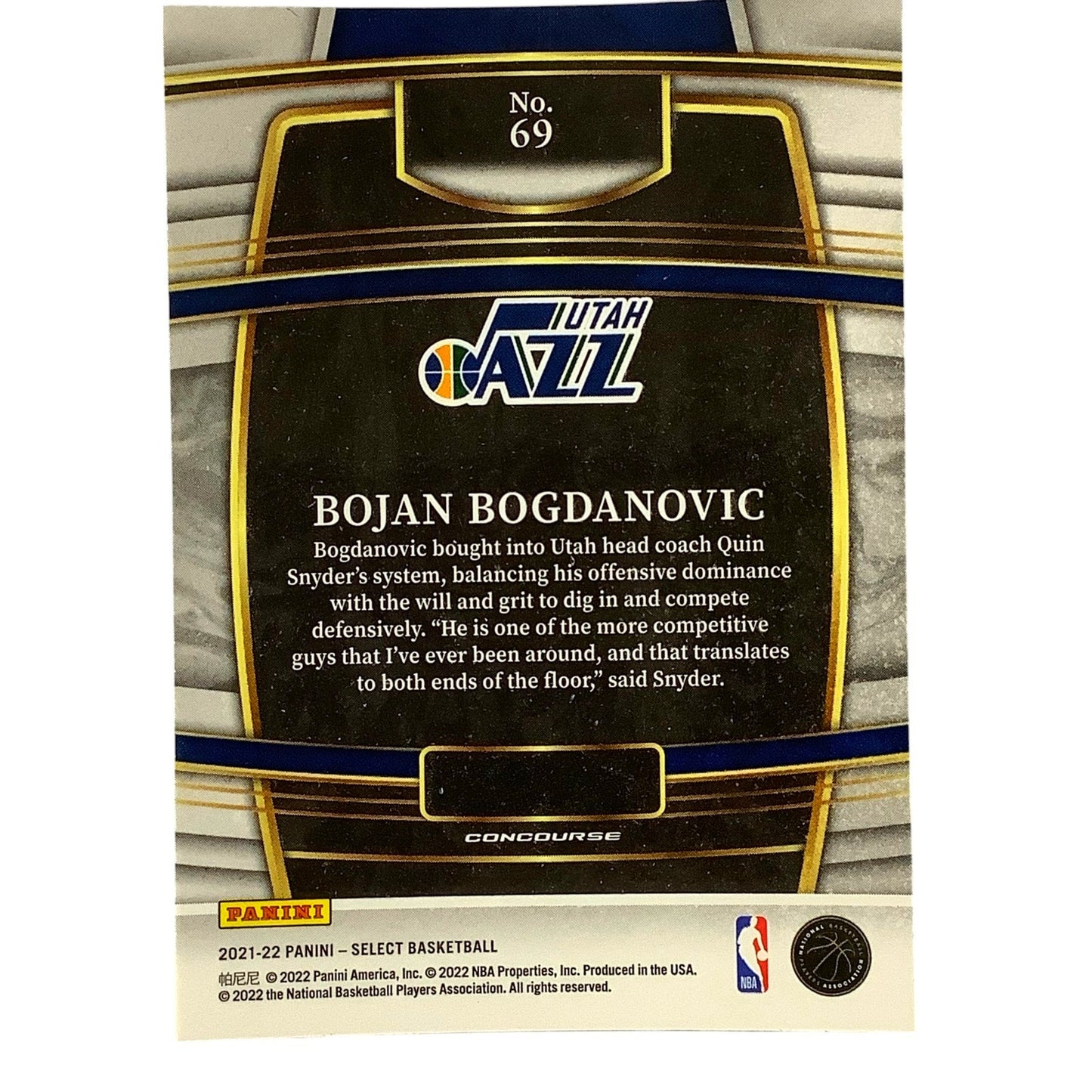 Bojan Bogdanovic, Utah Jazz, Card #69, 2021-22 NBA Panini Select