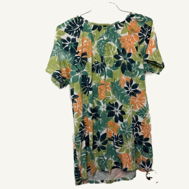Only Necessities Leaf Print Top - Orange Green Floral Women's M Scoop Neck