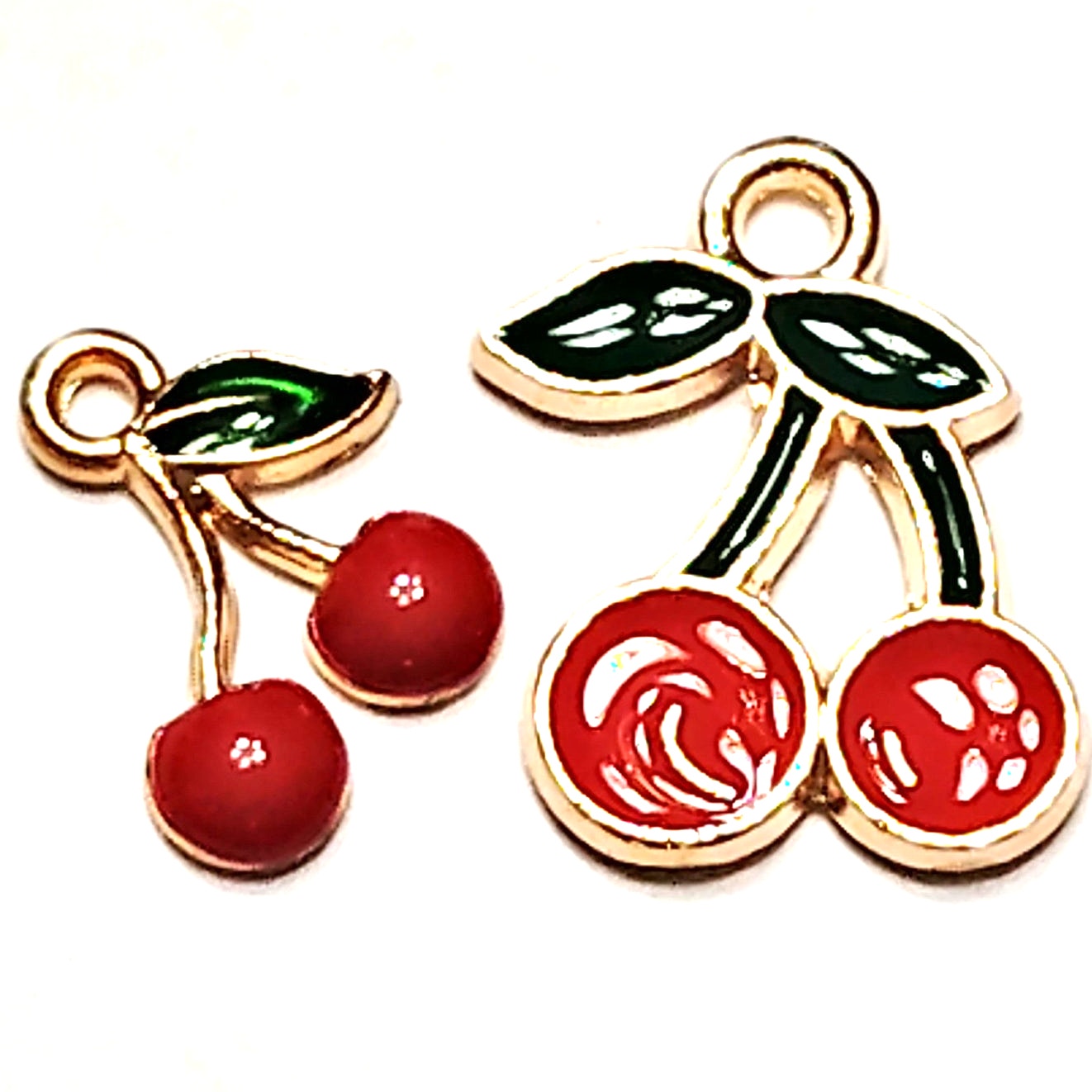 Cherry Charms Pair Gold‑Tone Red & Green Enamel 1/2–5/8" Jewelry Making Pendants