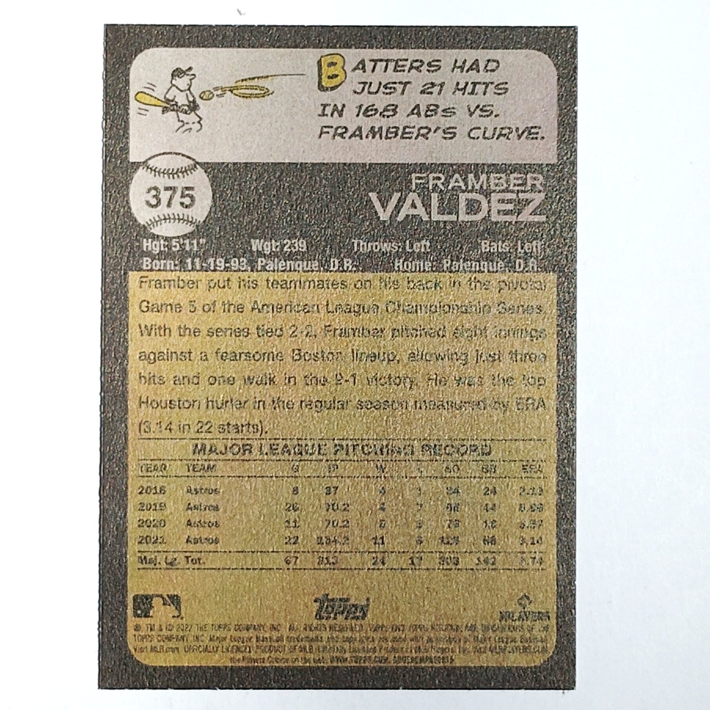 2022 Topps Heritage Framber Valdez 375 Houston Astros Pitcher Baseball VG/EX