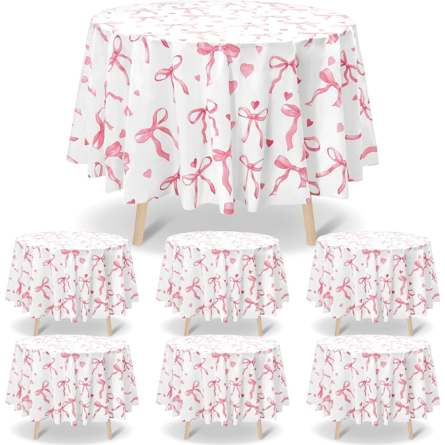 7 Pcs Pink Bow Round Tablecloths 84" Plastic Coquette Party Table Covers