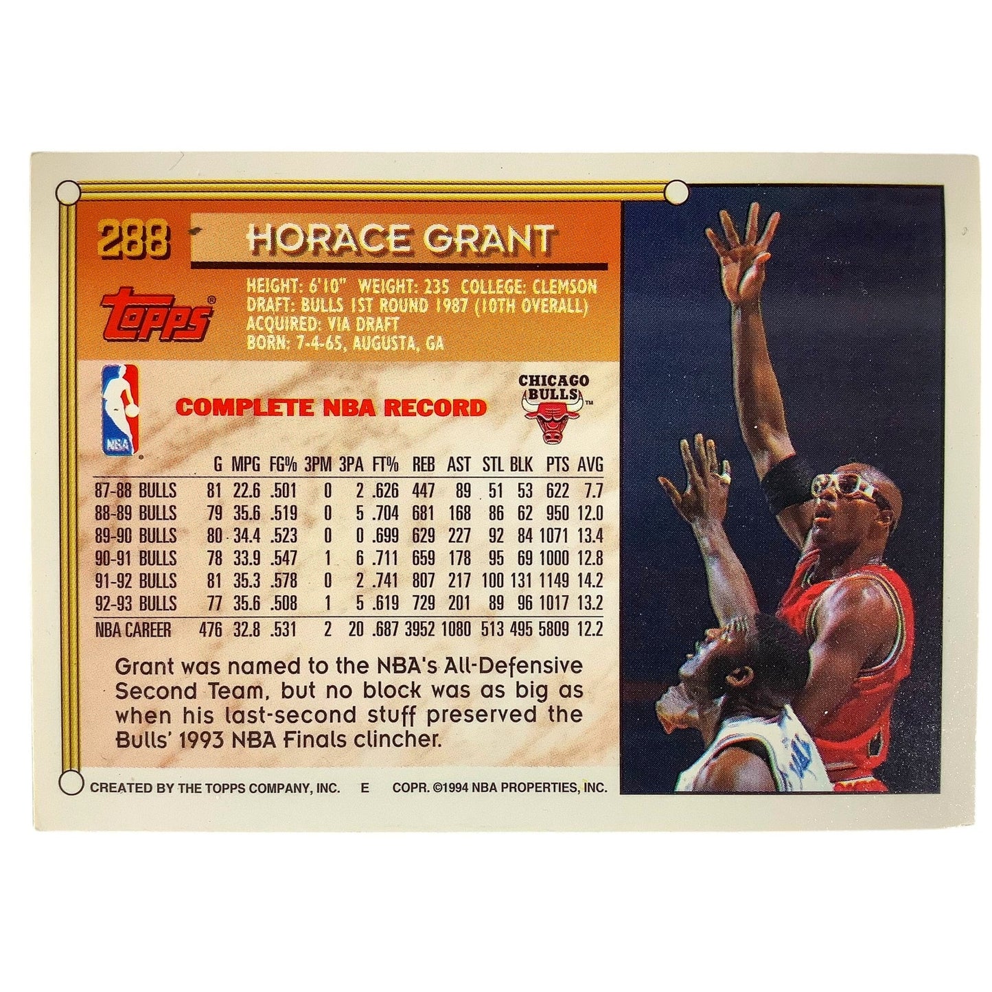Horace Grant, Chicago Bulls, 1993 Topps Collector's Card 288, EXC