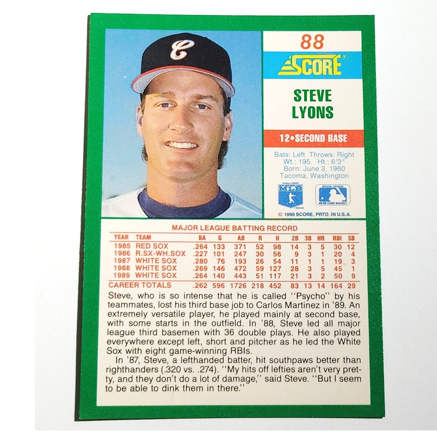 1990 Score Steve Lyons Card No. 88 Chicago White Sox OF VG/EX