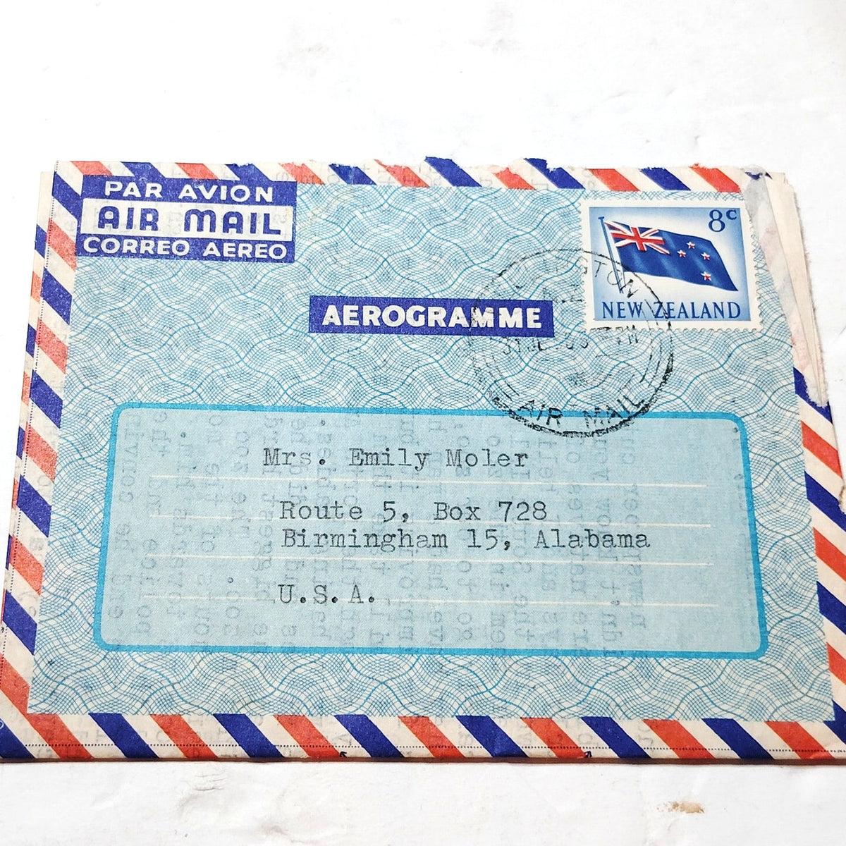 Vintage New Zealand Aerogramme to USA 8c Flag Stamp Air Mail Letter