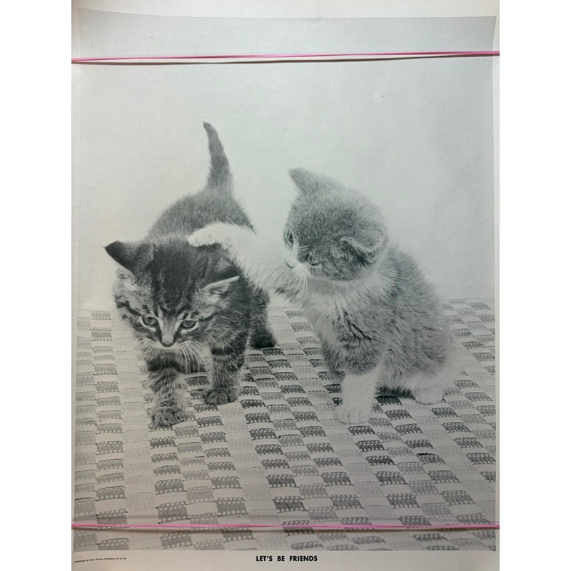 Vintage "Let's Be Friends" Black & White Kitten Art Print Poster - 20" x 16"