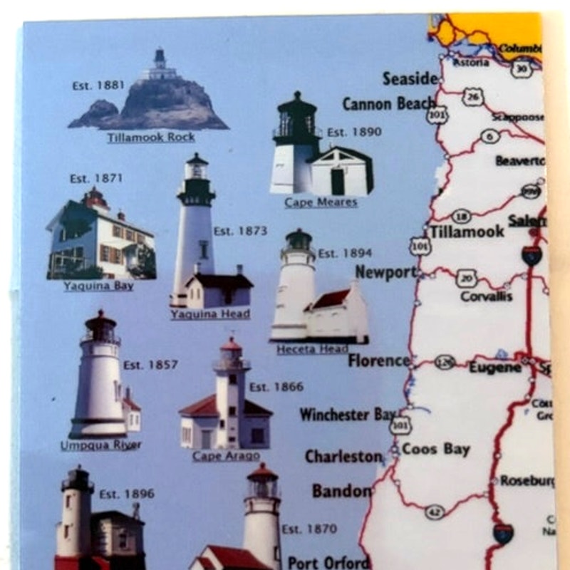 Oregon Lighthouses Fridge Magnet Coastal Map & Lighthouse Illustrations 3.25x2.5