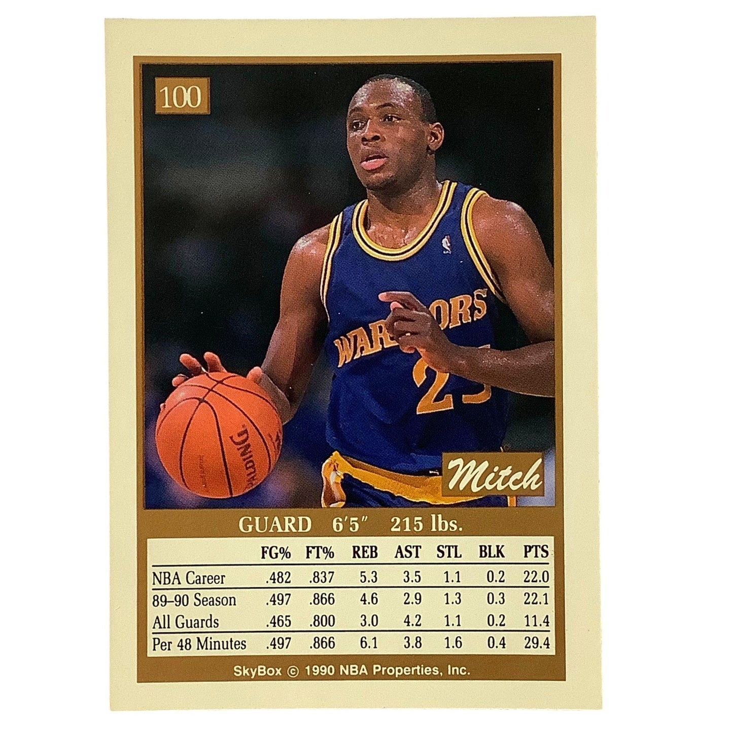 Mitch Richmond, Card #100, Golden State Warriors, 1990 NBA Skybox NM+