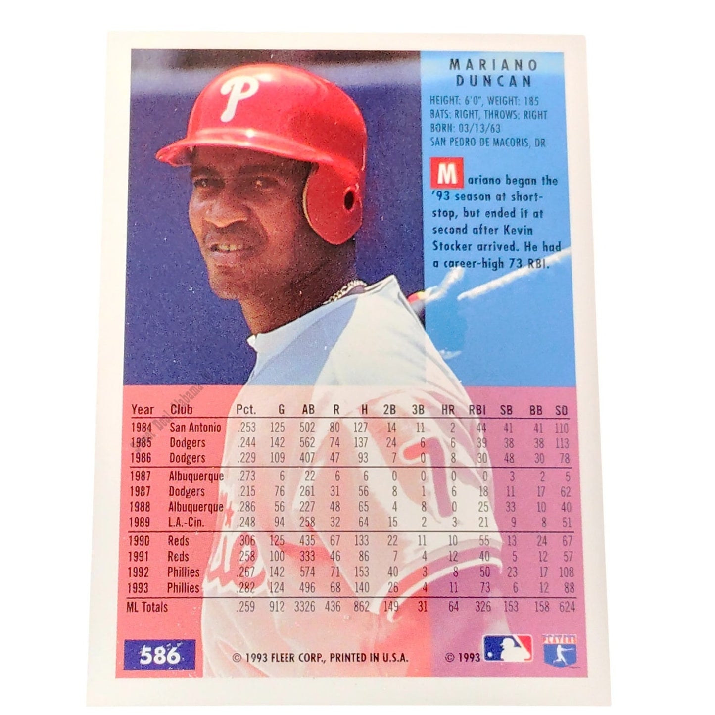 Mariano Duncan, Philadelphia Phillies #586, 1994 Fleer Baseball Collector's Card