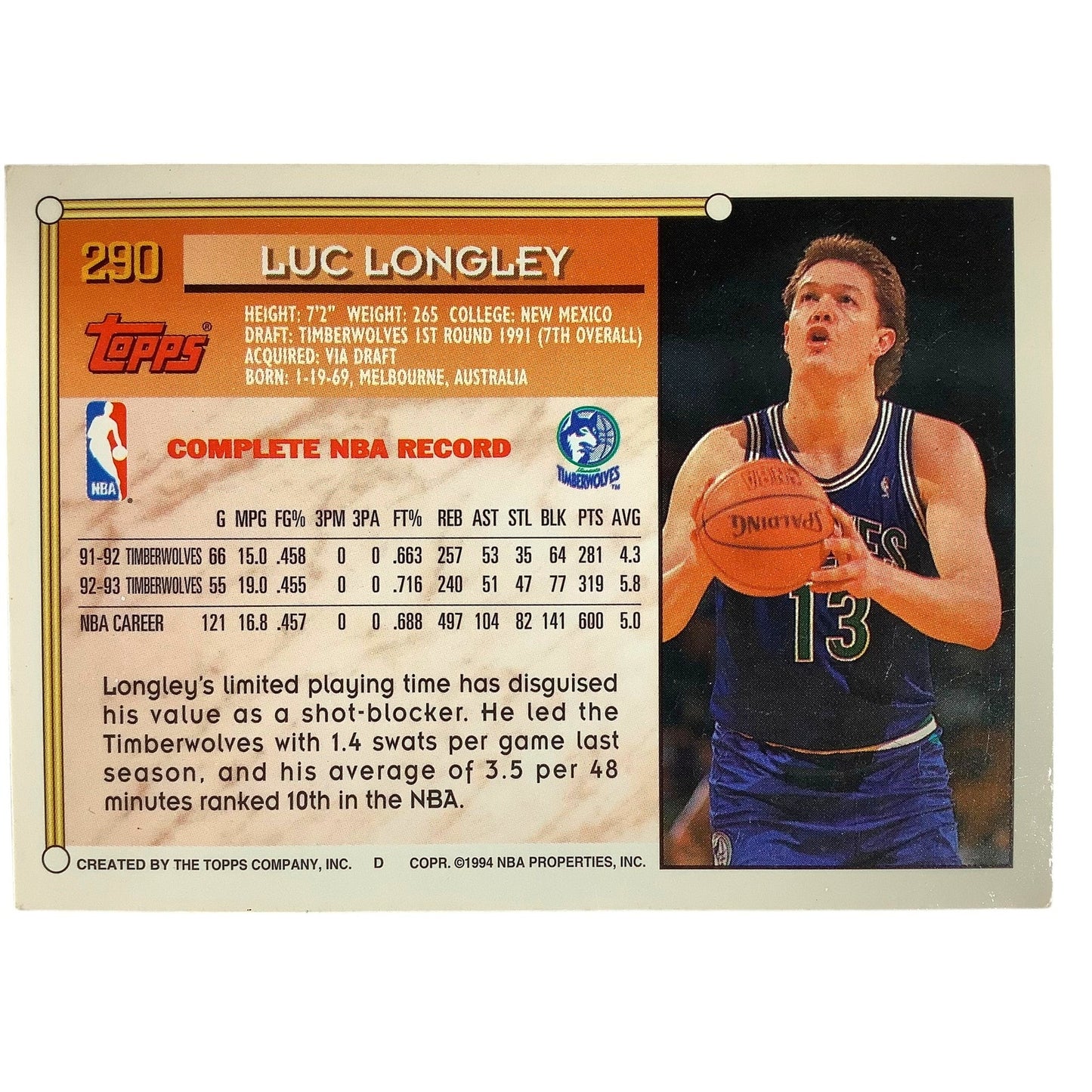 Luc Langley, Minnesota Timberwolves, 1993 Topps Collector's Card 290, EXC