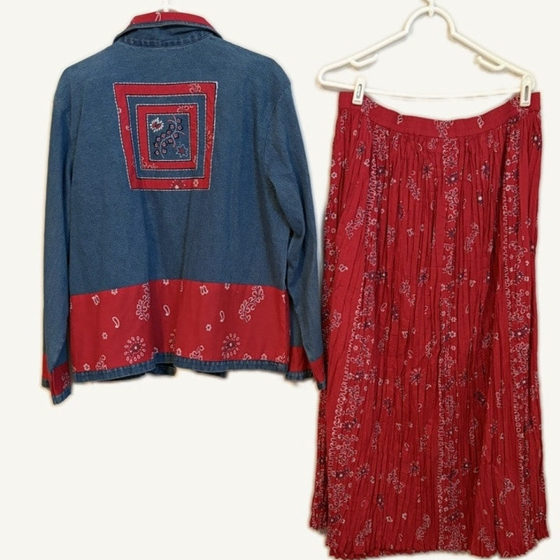 Bedford Fair Lifestyles Large Denim Jacket & Red Paisley Crinkle Skirt Set