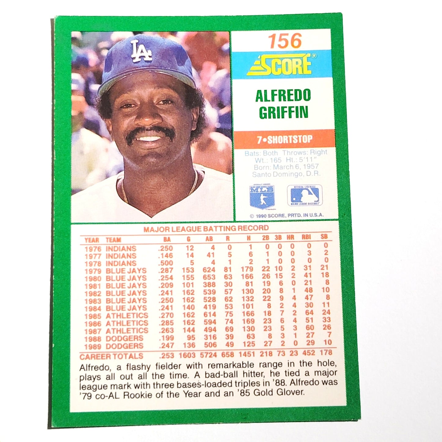 1990 Score Alfredo Griffin #156 Los Angeles Dodgers Shortstop MLB EX