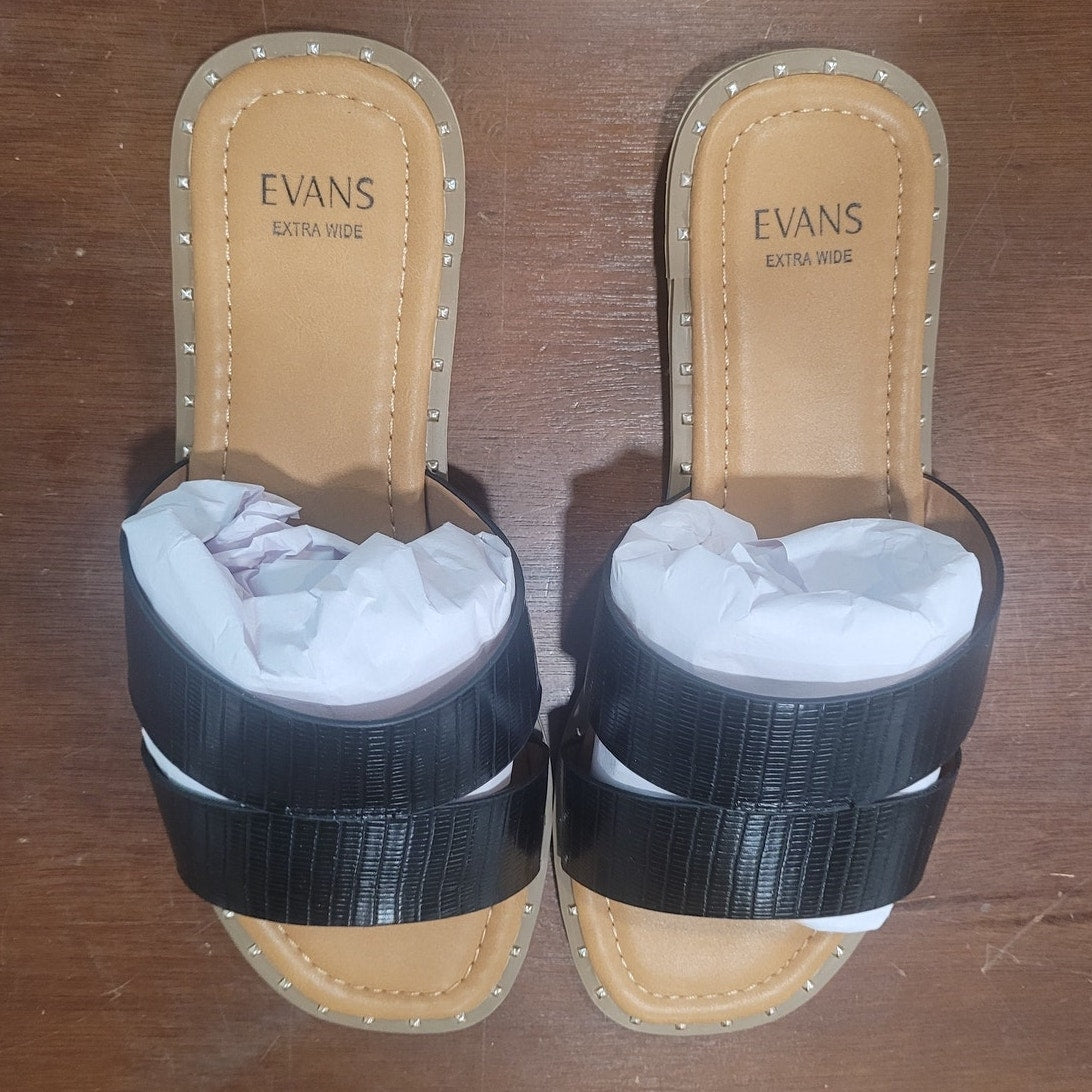 Evans Riley Emboss Sandal – Black, Women’s 8W, Double Strap Slip-On, Wide Fit