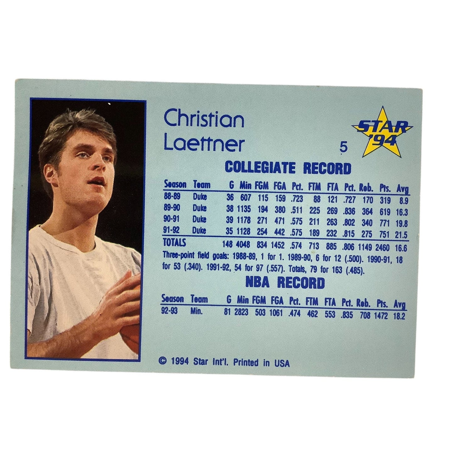 Christian Laettner, Duke and Minn., 1994 Star Int'l College and NBA Card 5, EXC