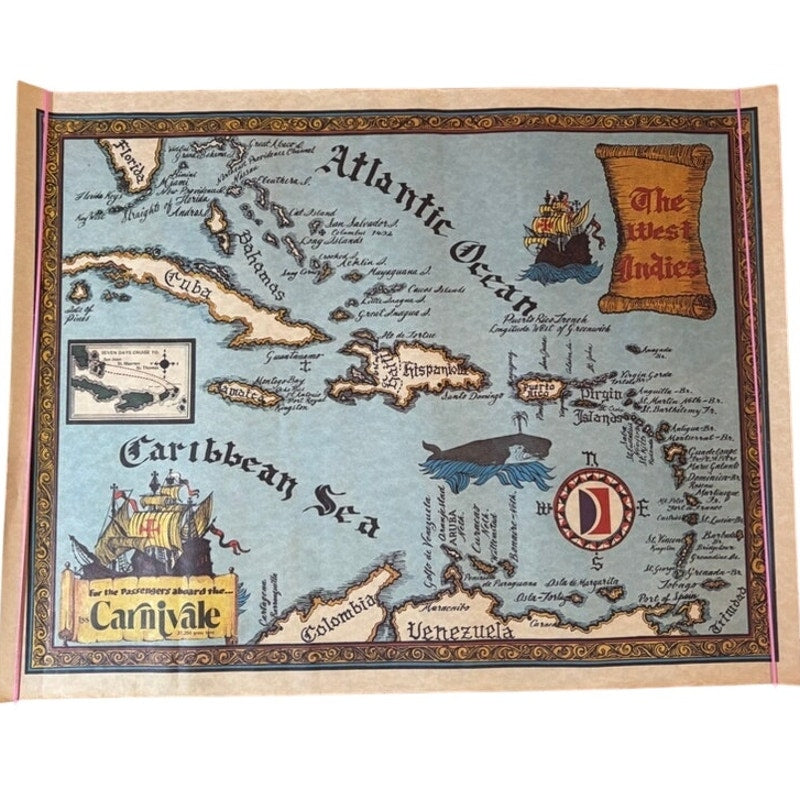 VTG 70s Carnival Cruise Carnivale Map Poster - Caribbean Treasure Map, 22"x17"