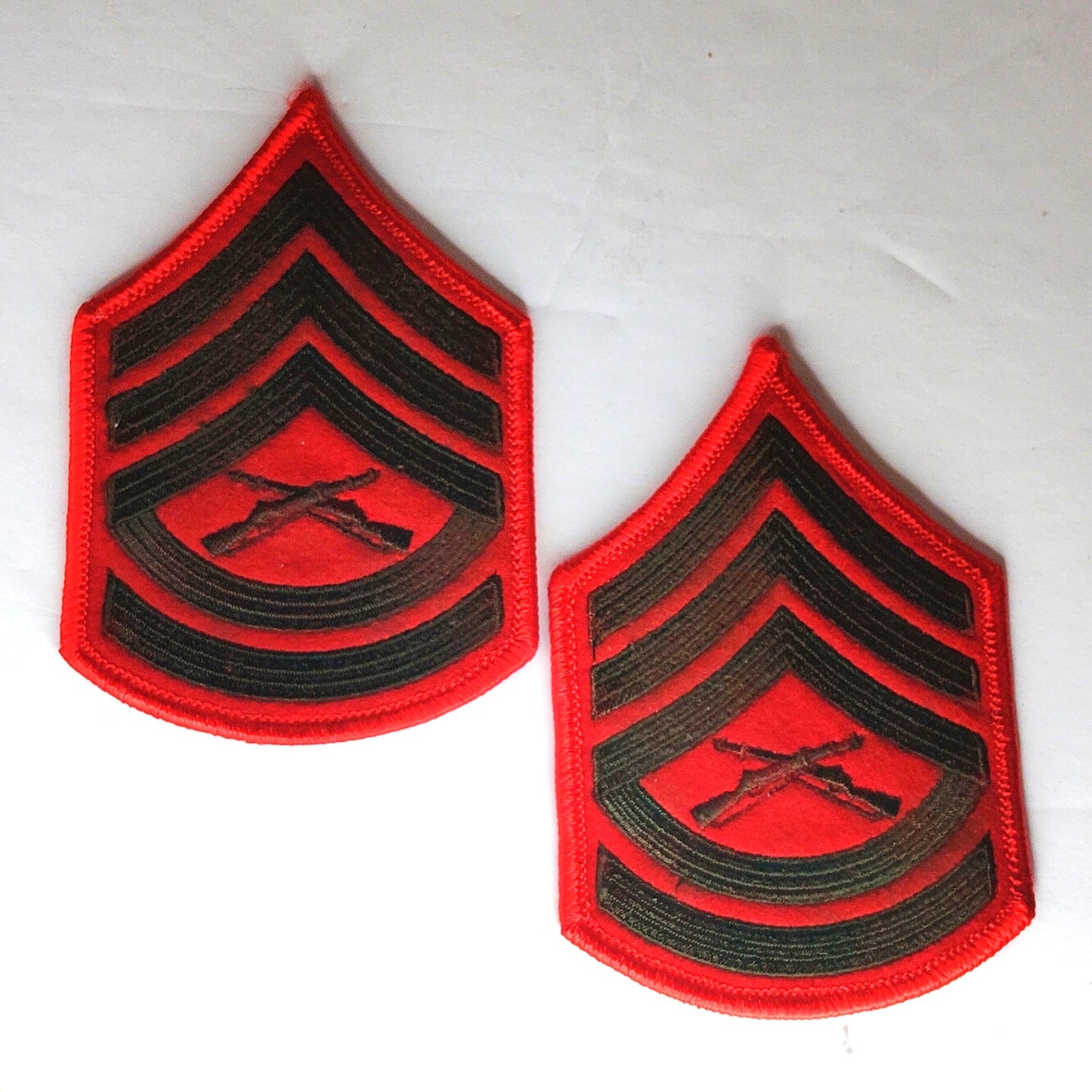 USMC Gunnery Sergeant E‑7 Chevrons Green on Red Female Size 4‑1/4" × 2‑7/8" Pair