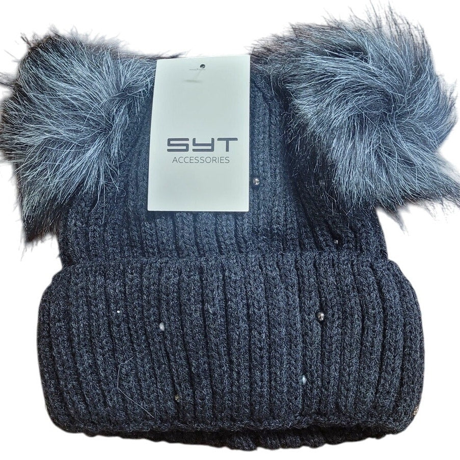 SYT LBI Express Winter Hat Cable Knit Beanie, Faux Fur Pompom Ears Anthracite