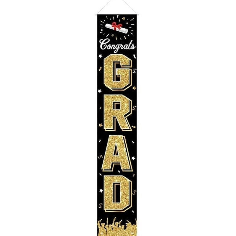 Congrats Grad Vertical Banner Gold Hanging Porch Or Wall Signage 72 in ×12 in