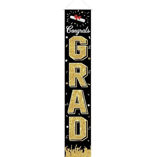 Congrats Grad Vertical Banner Gold Hanging Porch Or Wall Signage 72 in ×12 in