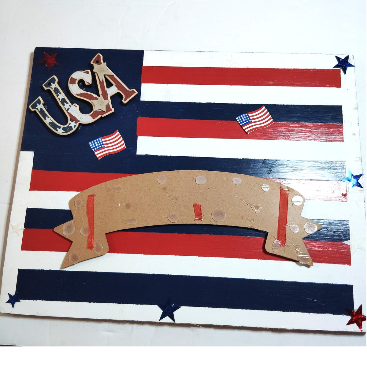 Handmade God Bless America USA Wooden Patriotic Wall Plaque 17.5x14 Red Blue