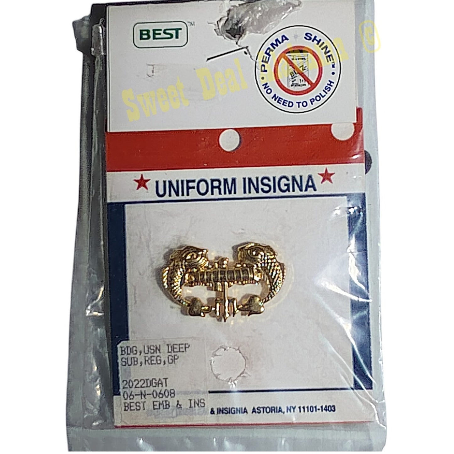 Navy Officers Deep Submergence Insignia Badge Pin, 1-7/16"W x 3/4"H, Bright Gold
